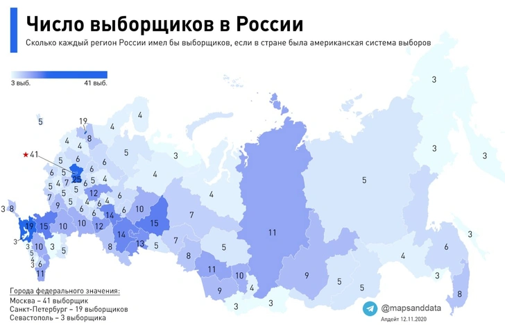 Как выглядела бы карта выборщиков России, если бы мы выбирали президента как в США