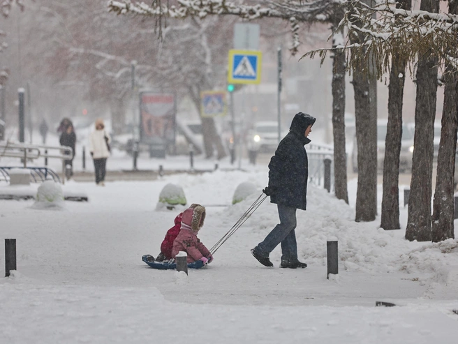Дети в восторге от снегопада — снова актуальны санки и снежные горки | Источник: Александр Ощепков / NGS.RU