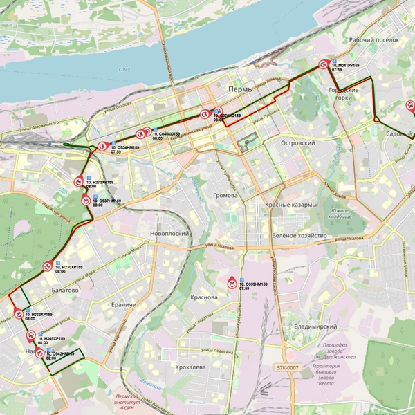 Автобусы начали выходить на маршрут № 10 только к 8:00 | Источник: map.gortransperm.ru