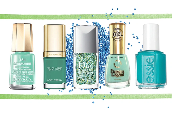 Лак для ногтей Aquamarine, Mavala; лак для ногтей Grass, Dolce & Gabbana; верхнее покрытие для ногтей Kingdom of Colors, Dior; лак для ногтей Gel-Effect, № 889, Dance Legend; лак для ногтей Blossom Dandy, Essie