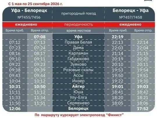 Расписание электрички «Уфа-Белорецк» | Источник: max.ru