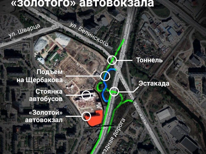 Подъездные пути к будущему автовокзалу выделены зеленым цветом | Источник: Филипп Сапегин / E1.RU