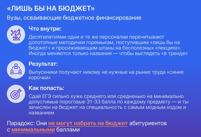 Поступить неважно куда, «лишь бы на бюджет» означает отправиться на обочину жизни вместе с «синими корочками», обмененными на пять лет жизни | Источник: Ирина Калмыкова