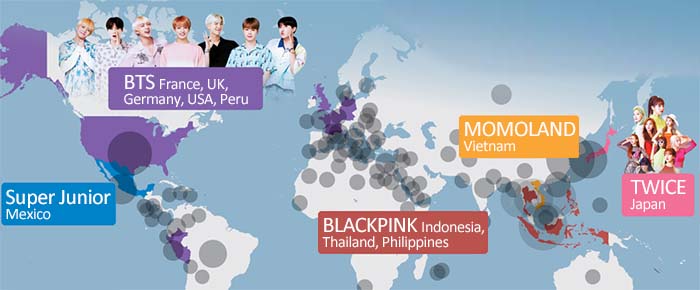 В Сети появилась карта мира, на которой отмечены любимые k-pop группы в разных странах