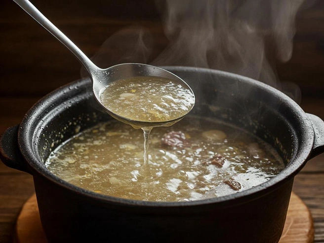 Важный этап — удаление пены с поверхности бульона. | Источник: Полина Авдошина / Городские медиа