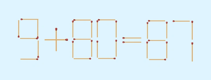 9+80=87: исправьте ошибку, передвинув только 1 спичку