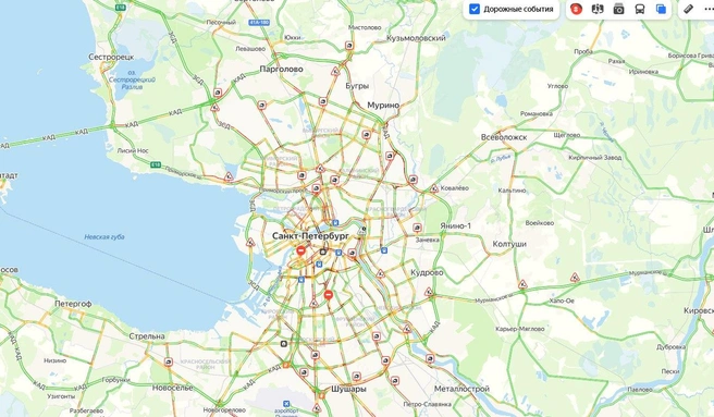 В Петербурге уже днем скопились 8-балльные пробки | Источник: «Яндекс.Карты»