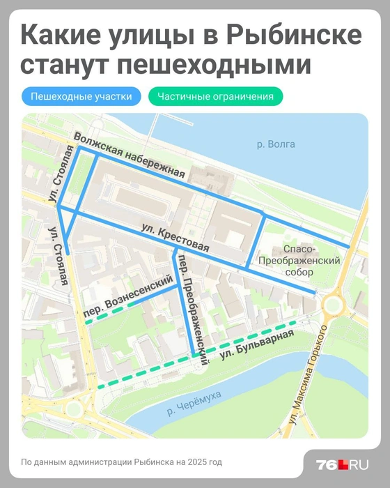 Карта улиц, которые станут пешеходными в Рыбинске | Источник: Полина Авдошина / Городские медиа