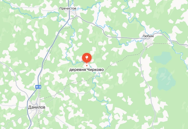Медведя заметили в населенных пунктах, расположенных между Даниловым и Любимом | Источник: Яндекс. Карты