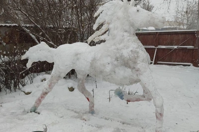 Снежные фигуры коня и куба от тюменца в честь художников