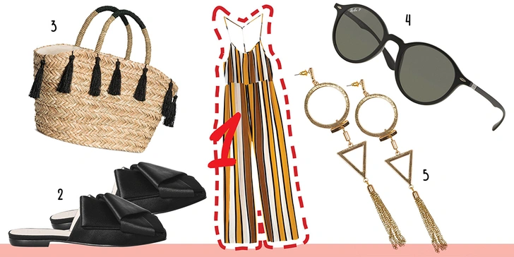 1. Комбинезон, Asos. 2. Мюли, H&M. 3. Сумка, H&M. 4. Очки, Ray-Ban. 5. Серьги,Gloria Jeans.