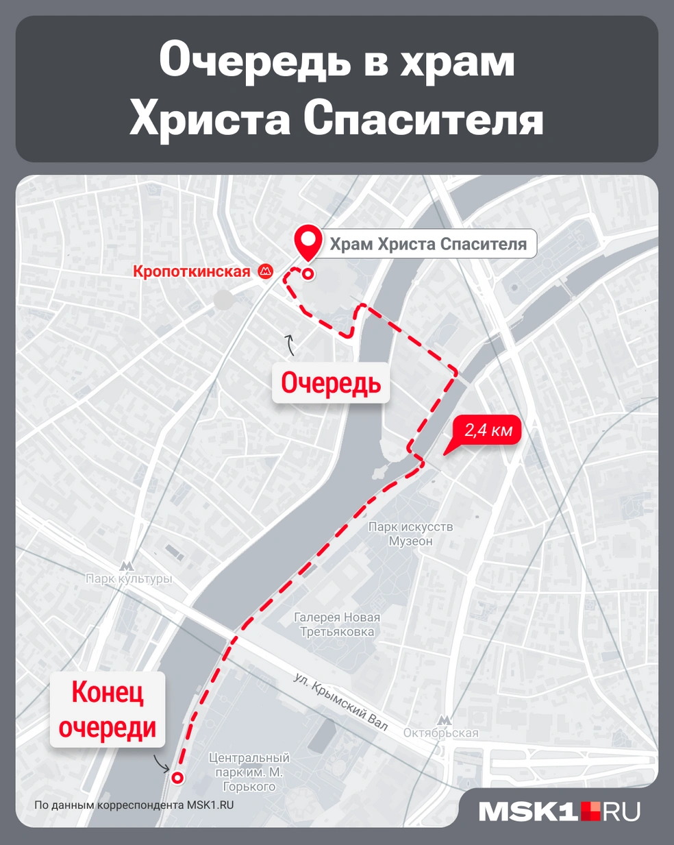 Очередь к храм Христа Спасителя растянулась на 2,4 километра | Источник: Мария Романова / Городские медиа