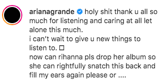Арина Гранде попросила Рианну скорее выпустить новый альбом