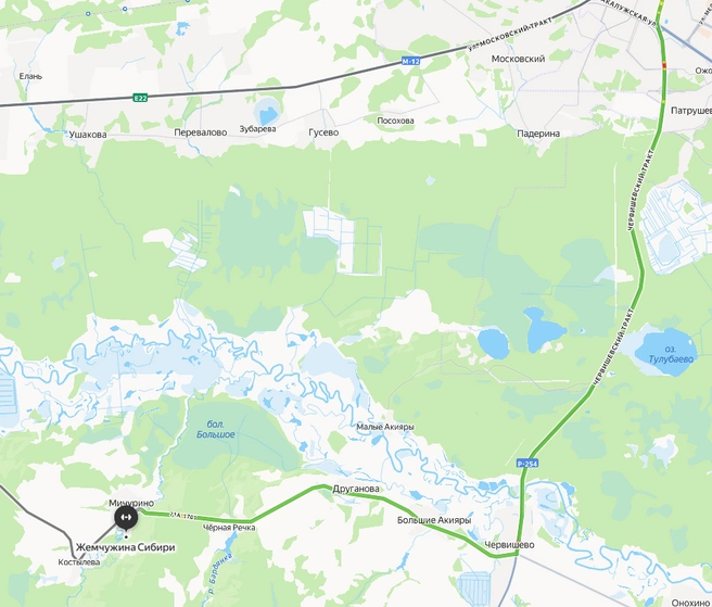 Зеленым выделен путь до «Жемчужины Сибири» | Источник: yandex.ru/maps