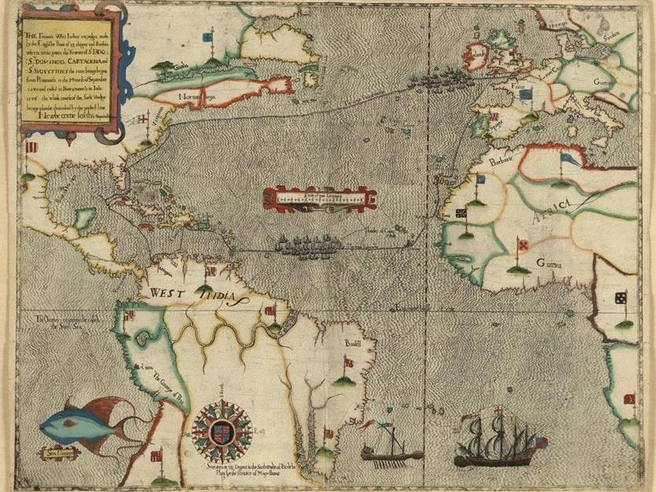 Карта Великой экспедиции Дрейка 1585 года авторства Джованни Батисты Боацио | Источник: Викисклад
