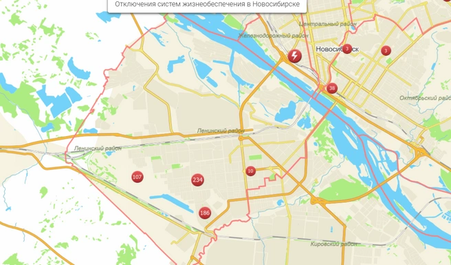 На всех точках указана одна причина — отключение для определения дефекта | Источник: map.novo-sibirsk.ru