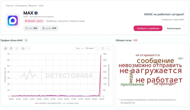 Массовые жалобы начались ближе к 10 часам утра | Источник: detector404.ru