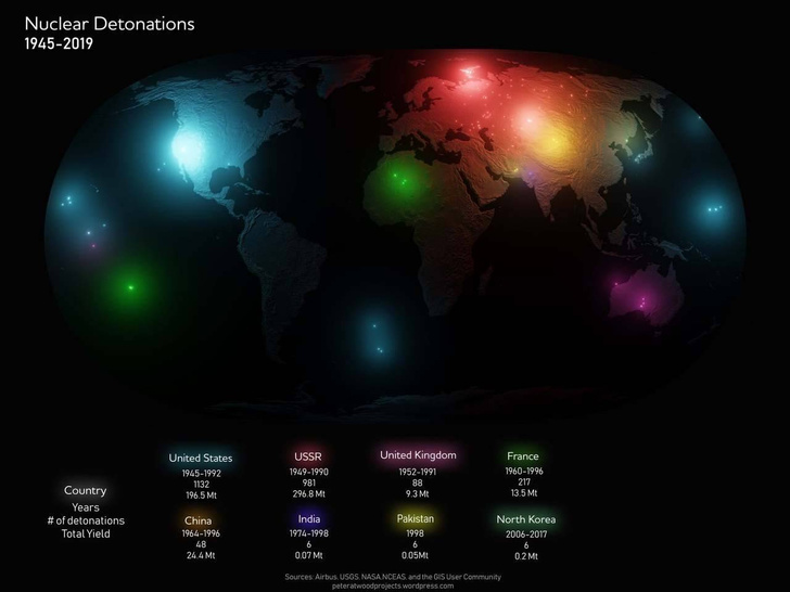 Фото №1 - Карта мира со всеми ядерными взрывами с 1945 года