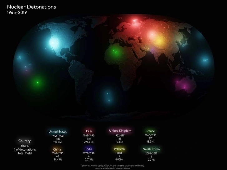 Карта мира со всеми ядерными взрывами с 1945 года