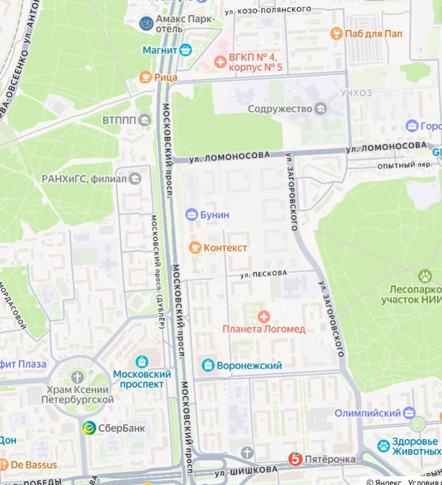 Участок центрального района, который попадет под отключения — справа от Московского проспекта | Источник: «Яндекс Карты» / yandex.ru/maps