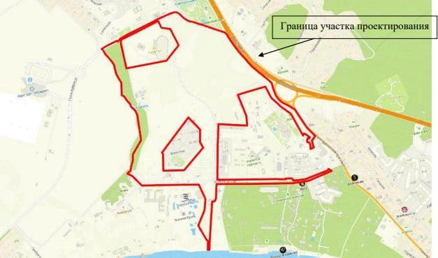 На карте отмечены границы парка, слева находится аэропорт, сверху — стадион «Спартак», справа — «Геленджик Арена», снизу — море | Источник: проектная документация «Парк в районе ул. Солнцедарская, город-курорт Геленджик»