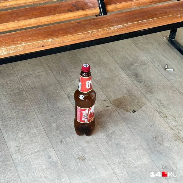 Бутылка пива и два окурка под одной из скамеек | Источник: Илья Константинов / 14.RU