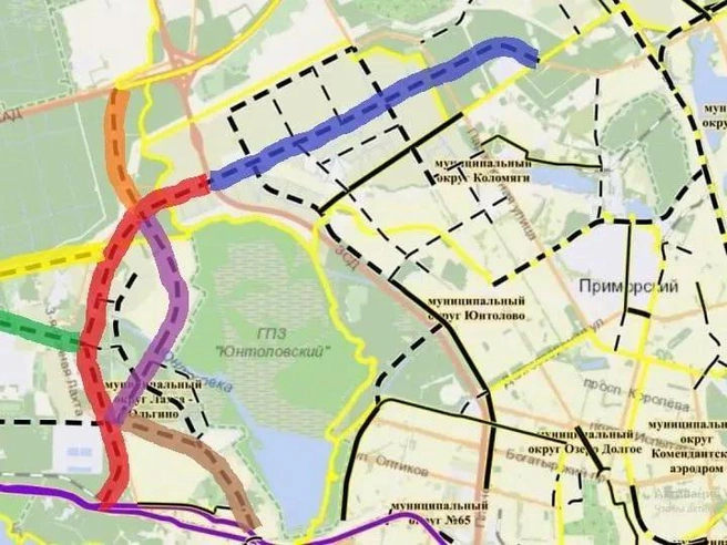 На схеме цветами обозначены: магистраль М-49 — красный, М-32 — коричневый, М-1 — зелёный, Гладышевский проспект — фиолетовый, М-32А — оранжевый.