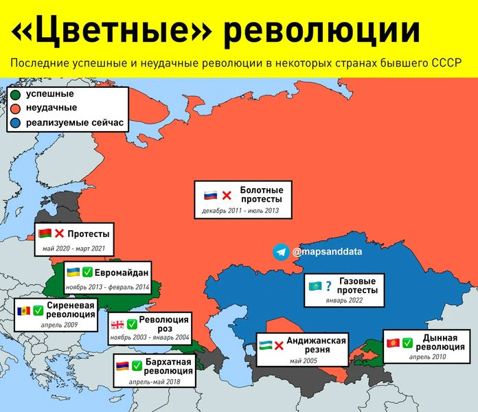 Карта: 9 главных «цветных революций» СНГ, состоявшихся и не очень