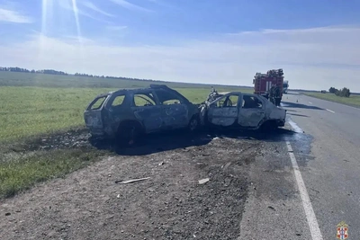 В лобовом ДТП под Омском погиб водитель, машины сгорели