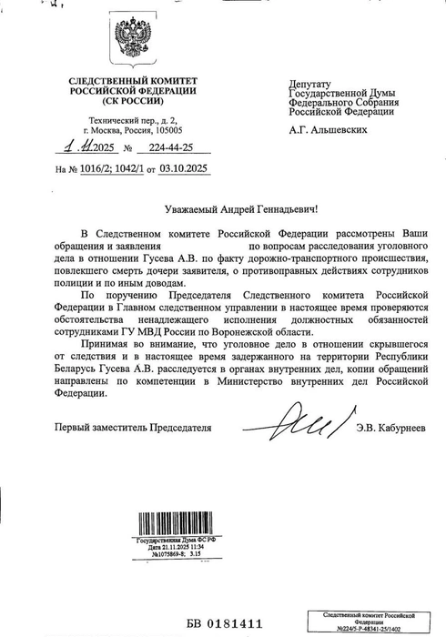 Ответ из Следкома на депутатский запрос | Источник: t.me/alshevskix