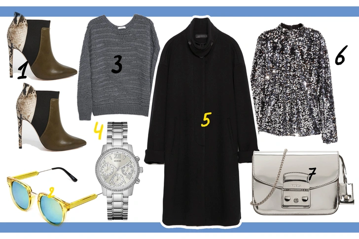 1. Ботильоны, Asos. 2. Очки, Forever 21. 3. Свитер, Mango. 4. Часы, GUESS. 5. Пальто, Zara. 6. Топ, H&M. 7. Сумка, Furla