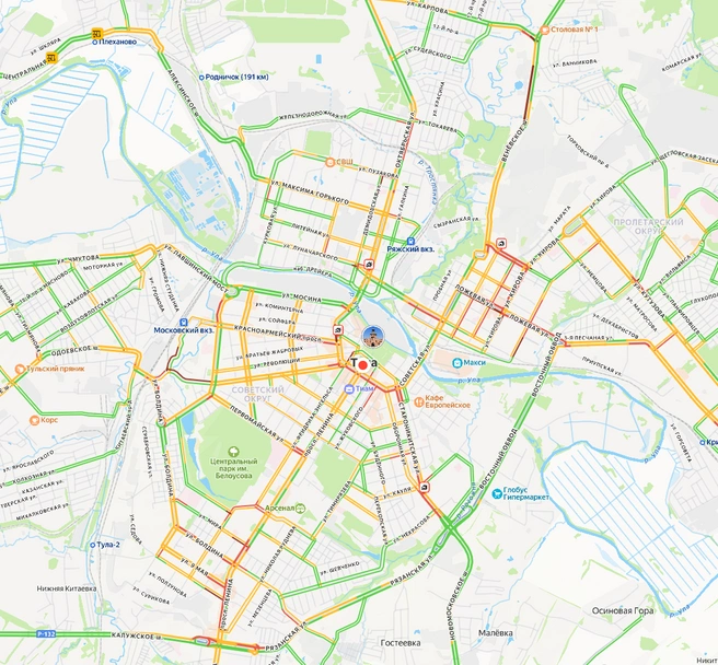 Дорожная ситуация в Туле на 19:55 | Источник: yandex.ru/maps