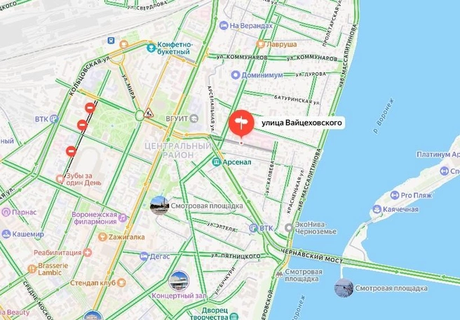 Улица Вайцеховского на карте Воронежа | Источник: Яндекс Карты / yandex.ru/maps