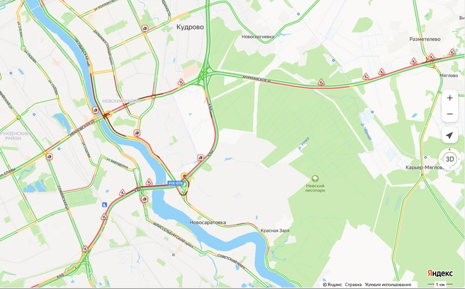 В Петербурге — аномальные пробки. Особенно плотно на въездах и юго-востоке города | Источник: «Яндекс.Карты»