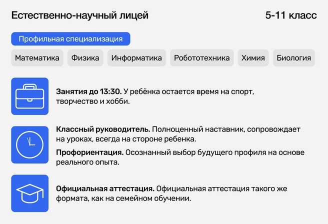 Для семей, которые стремятся дать детям гармоничное развитие, углубленное увлекательное изучение предметов и время для посещения кружков и секций по интересам | Источник: Ирина Калмыкова