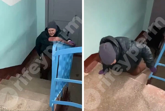 После въезда на коляске в подъезд Наталье приходится слазить с нее | Источник: Дежурный по Перми / Telegram