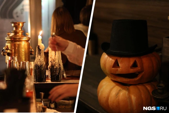 Тематические атрибуты зловещего праздника можно встретить и внутри заведений. Сотрудники бара на перекрестке с Потанинской расставили внутри свечи и тыквы | Источник: Мария Тищенко/NGS.RU