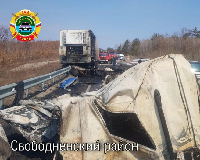 Две фуры под Благовещенском сошлись так, что водители погибли и дым от пожара закрыл дорогу. На фото — что от них осталось | www.fontanka.ru