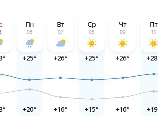 По прогнозам, температура не поднимется выше +28 °C | Источник: «Яндекс Погода»