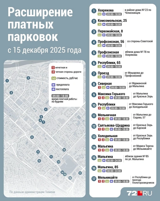 Карта с новыми платными парковочными местами с декабря  | Источник: Дмитрий Гладышев / 72.RU 