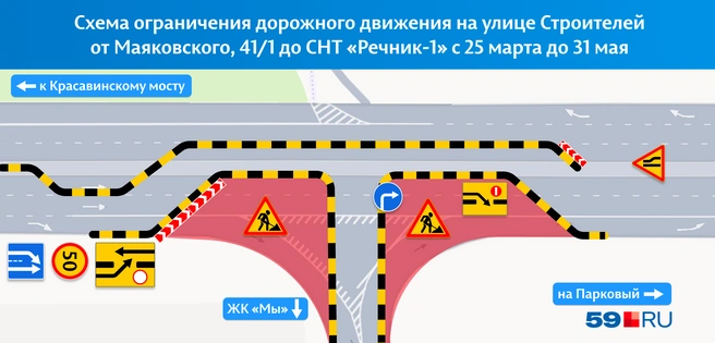 В каждую сторону оставят только по одной полосе движения | Источник: «Яндекс Карты»; Кирилл Хафизов / 59.RU