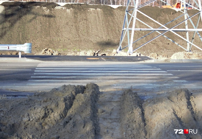 А в этом месте, со стороны Патрушева, поставили пешеходный переход. По крайней мере, он тут должен быть, судя по разметке и прерыванию металлических конструкций  | Источник: Павел Красоткин / 72.RU 