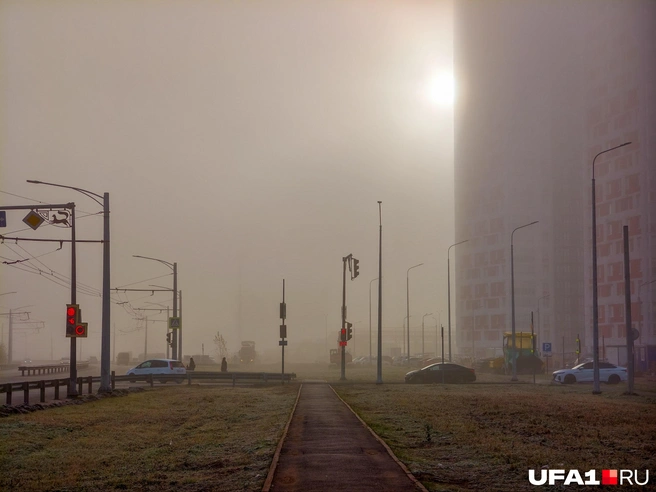 С утра непонятно: туман это или выбросы с заводов. | Источник: Булат Салихов / UFA1.RU