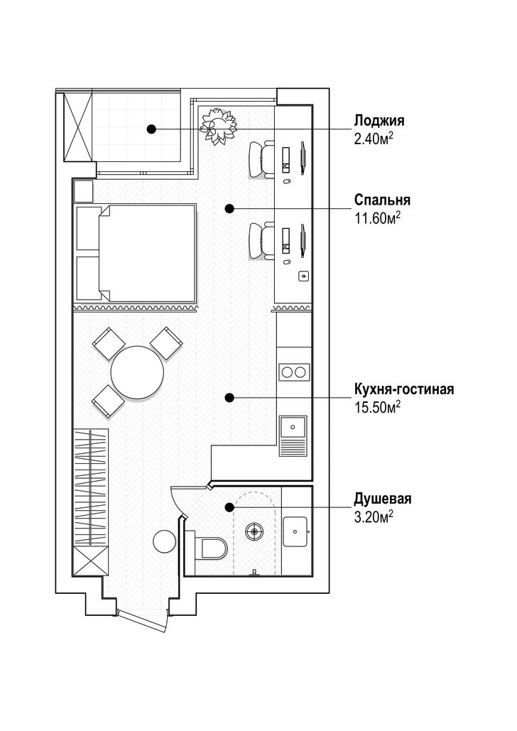 Яркая квартира 30 м² для молодой пары, работающей из дома