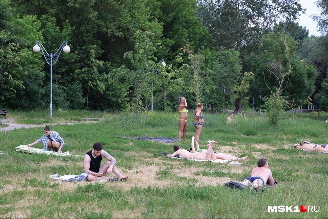 В парке Шкулева отдыхающие разместились у берега | Источник: Татьяна Спиридонова / MSK1.RU