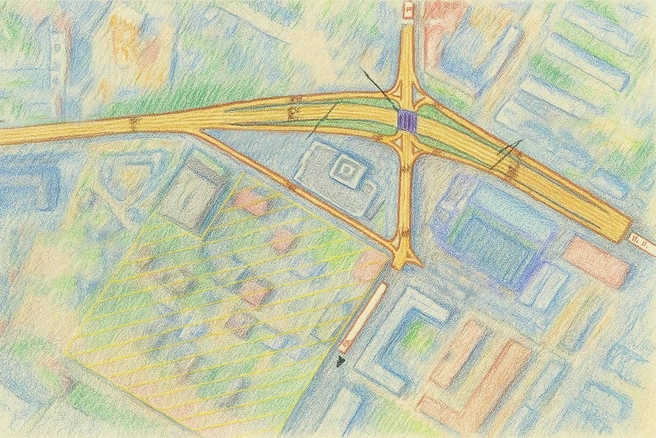 С Бабушкина на Белика дорога пойдет понизу, а с Шилова на Красноармейскую — поверху | Источник: схематичное изображение будущей развязки / ChatGPT
