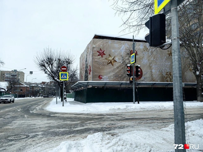 Некоторые здания завешаны баннерами. Под этим&nbsp;— здание с пальмой, которое хотели снести | Источник: Павел Красоткин / 72.RU 