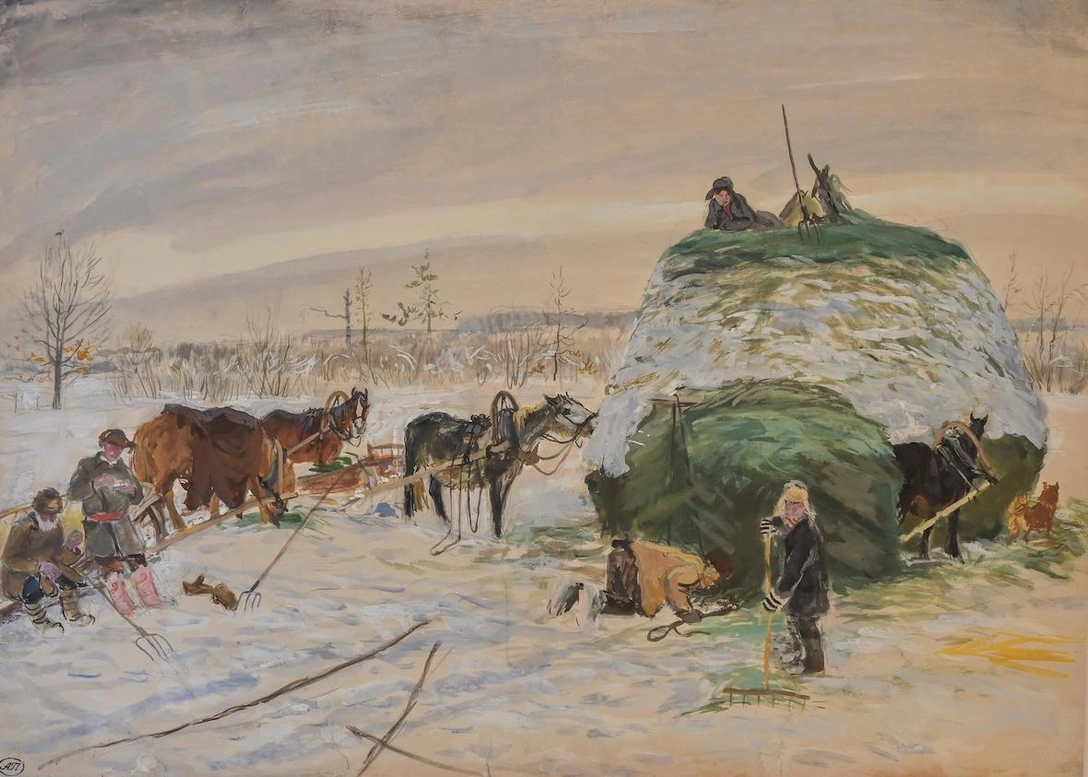 А. Пластов. «Стог раскрывают». 1935-1936. Бумага, акварель, гуашь | Источник: пресс-служба выставки