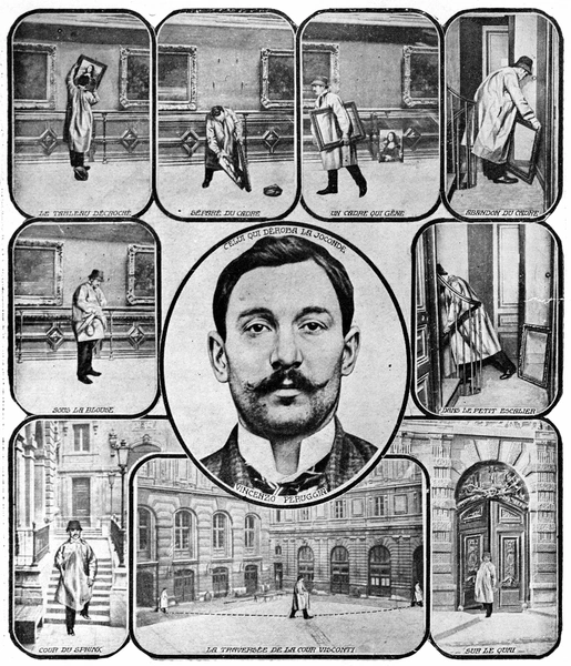 Эта реконструкция событий показывает, как Винченцо Перуджа совершил то, что называют крупнейшей кражей произведений искусства XX века, — похищение «Моны Лизы» из Лувра 21 августа 1911 года | Источник: Roger Viollet/Getty Images Эта реконструкция событий показывает, как Винченцо Перуджа совершил то, что называют крупнейшей кражей произведений искусства XX века, — похищение «Моны Лизы» из Лувра 21 августа 1911 года | Источник: Roger Viollet/Getty Images