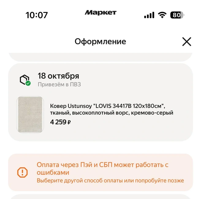 В «Яндекс. Маркете» предупреждают о сбоях в оплате через Пэй и СБП | Источник: читатель 76.RU